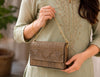 Engraved Floral Wooden Purse with Gold Chain Strap