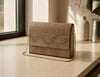 Engraved Floral Wooden Purse with Gold Chain Strap